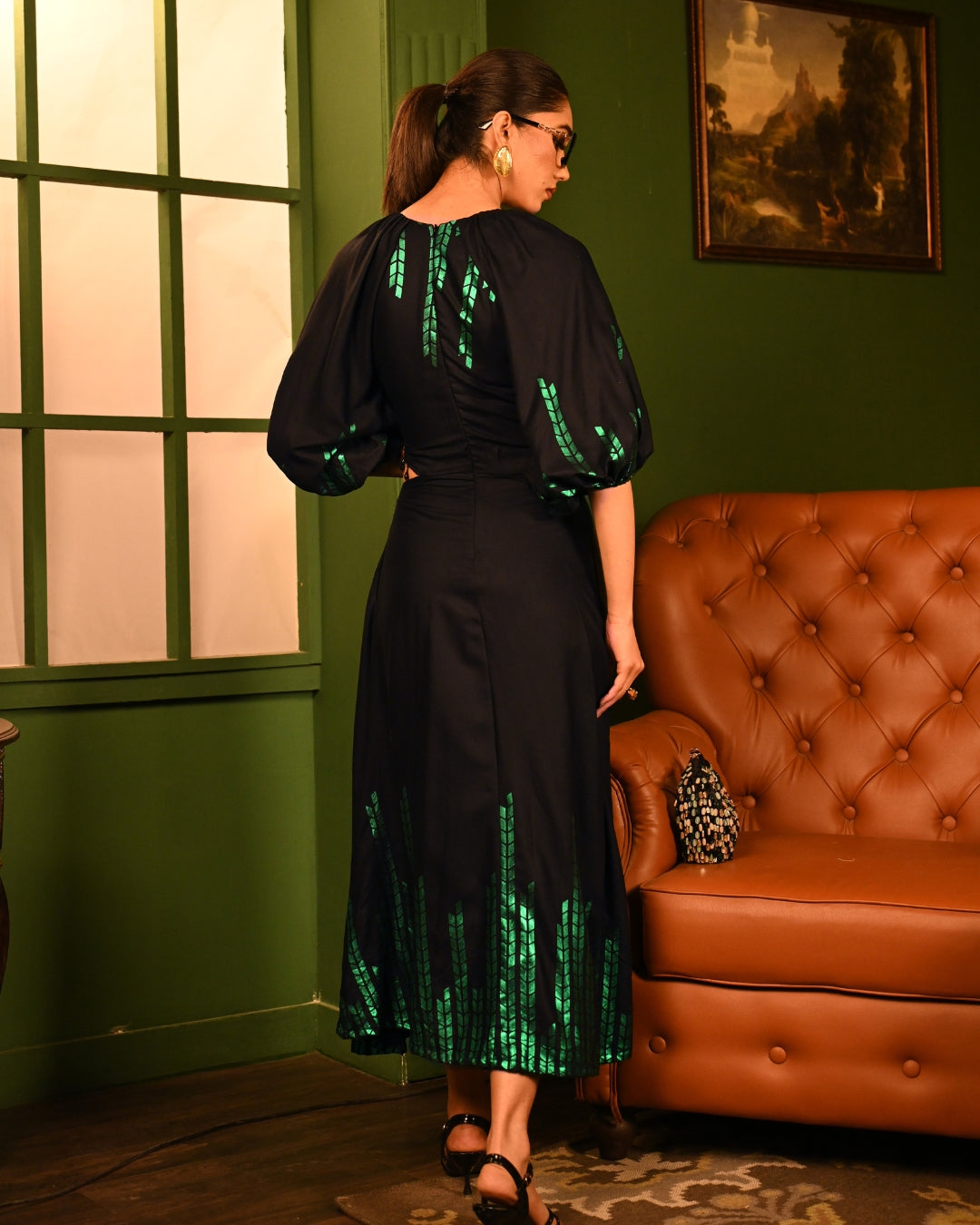 Green oak Foil Midi dress