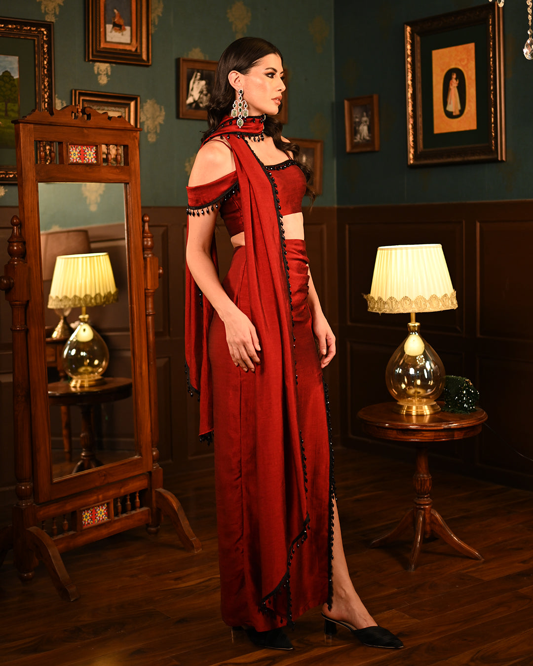 Red Slit Saree coord