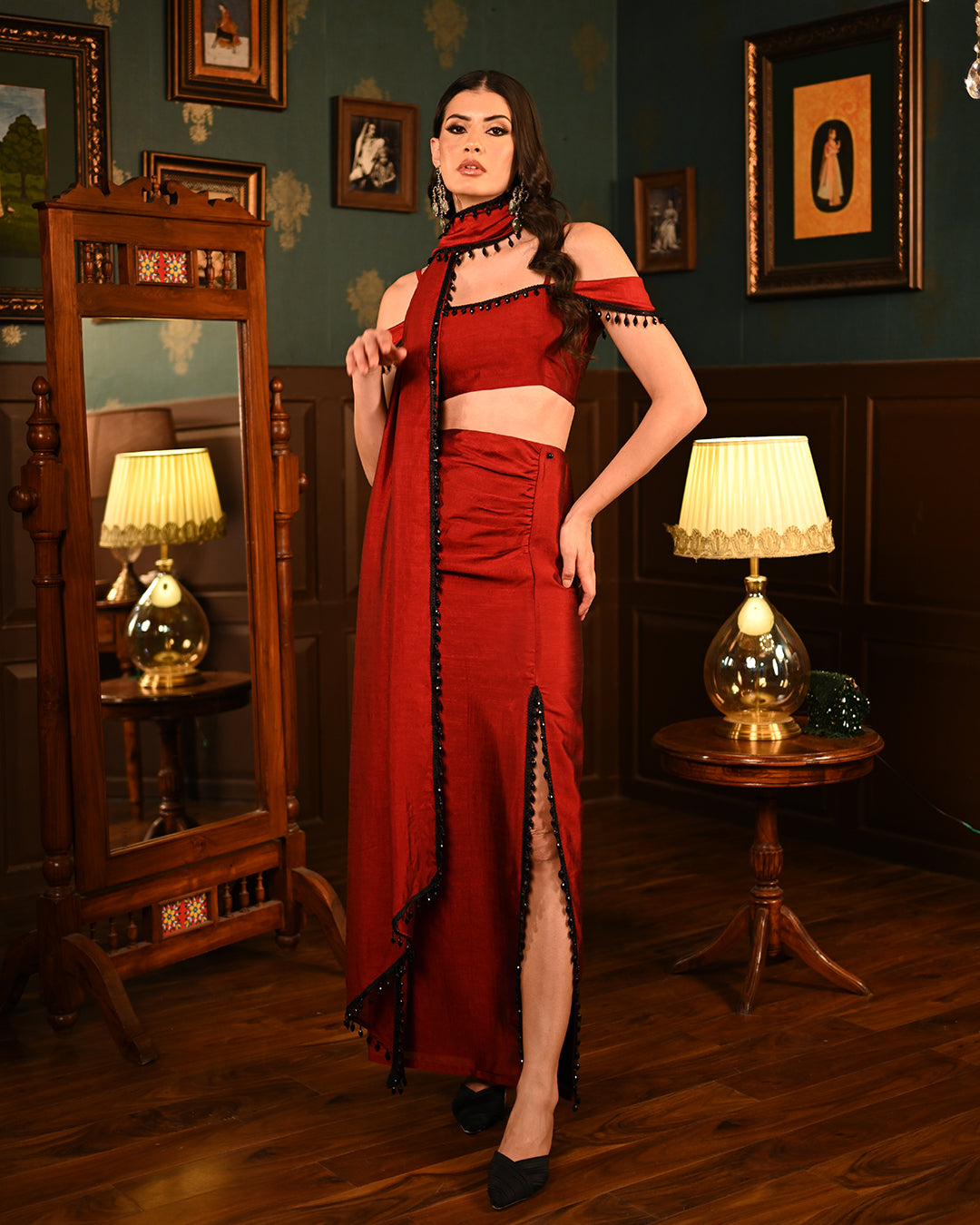 Red Slit Saree coord